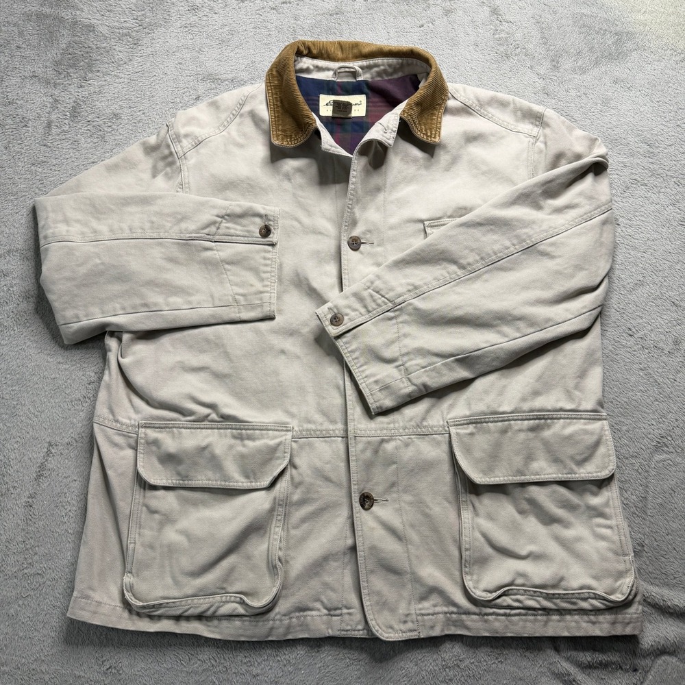 Eddie Bauer Mens Canvas Barn Jacket Tan Corduroy Collar Plaid Lined 15549 Large